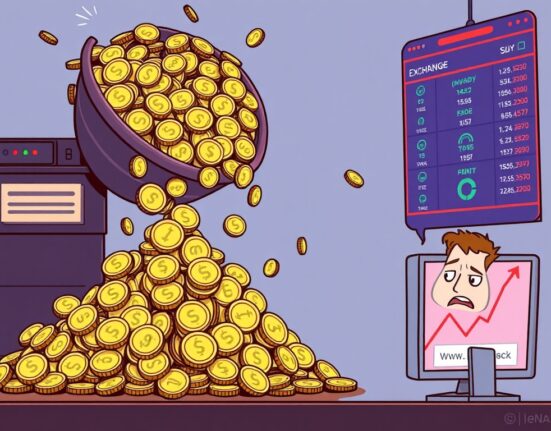 Cartoon showing significant ENA token deposits flowing into crypto exchanges, signaling potential market shifts for Ethena's ENA token.