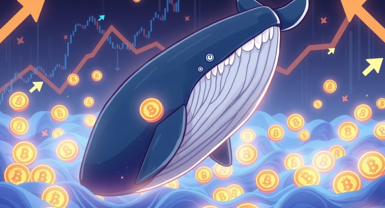 Cartoon illustration of a large digital whale overseeing significant ENA transactions, symbolizing major crypto market movements.