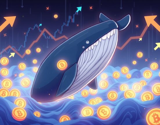 Cartoon illustration of a large digital whale overseeing significant ENA transactions, symbolizing major crypto market movements.