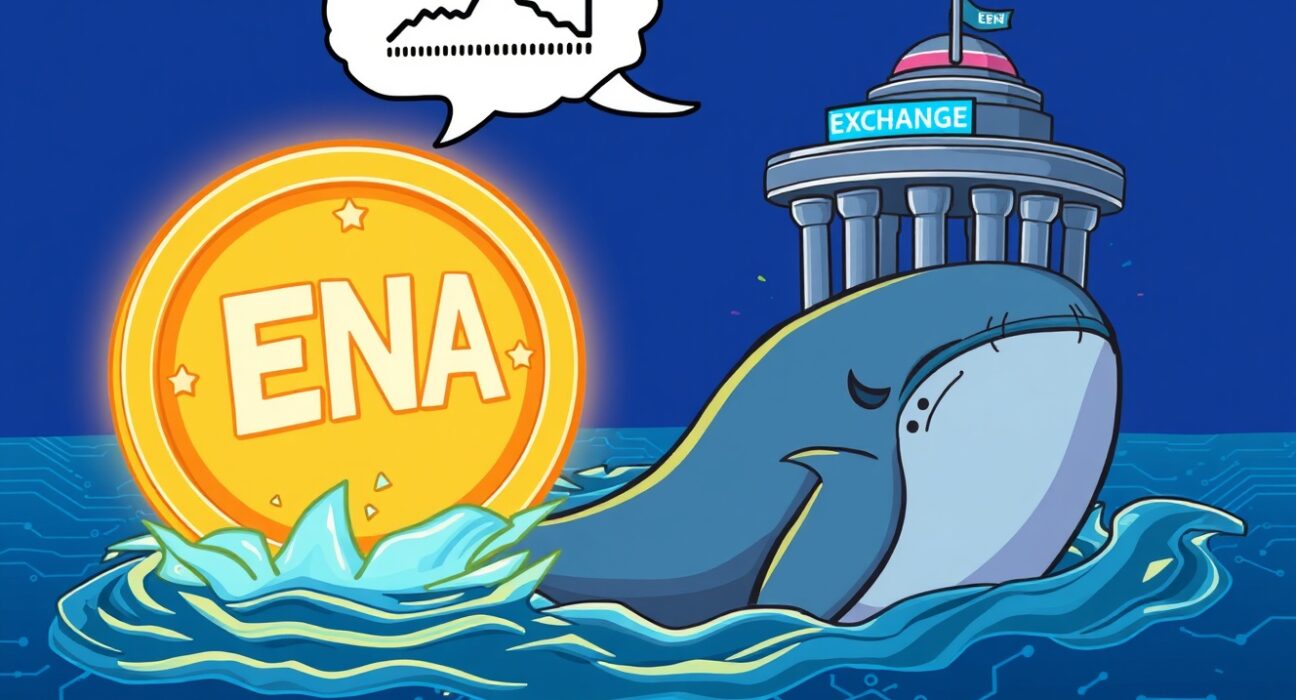 A cartoon whale making a massive ENA whale deposit to an exchange, symbolizing a major crypto loss.