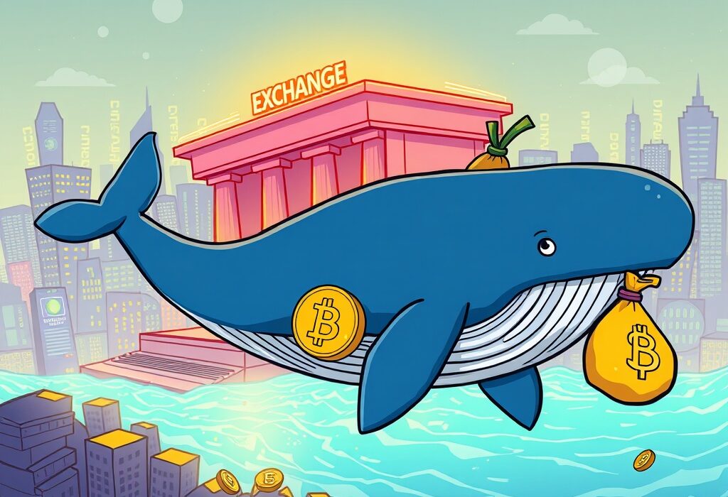 A cartoon whale making a significant ENA whale withdrawal from a crypto exchange, illustrating a large asset movement.