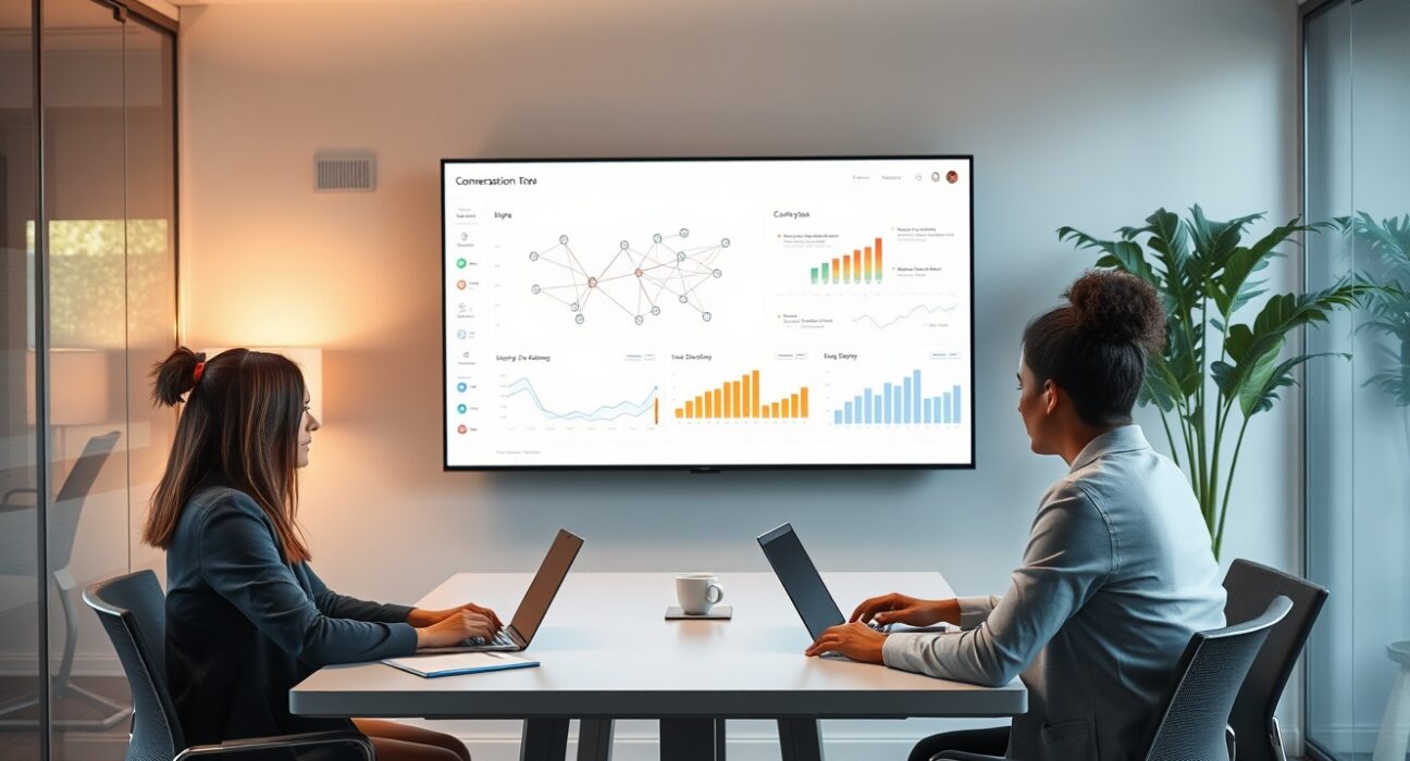 Professionals in a modern office discussing AI analytics on a large screen