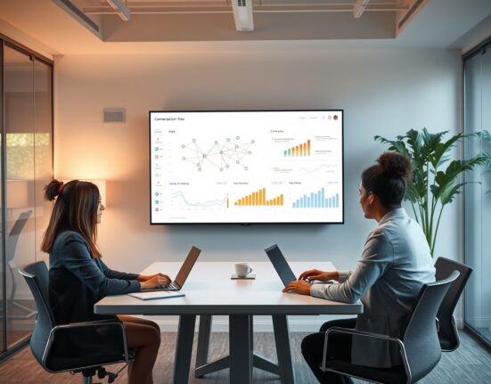 Professionals in a modern office discussing AI analytics on a large screen