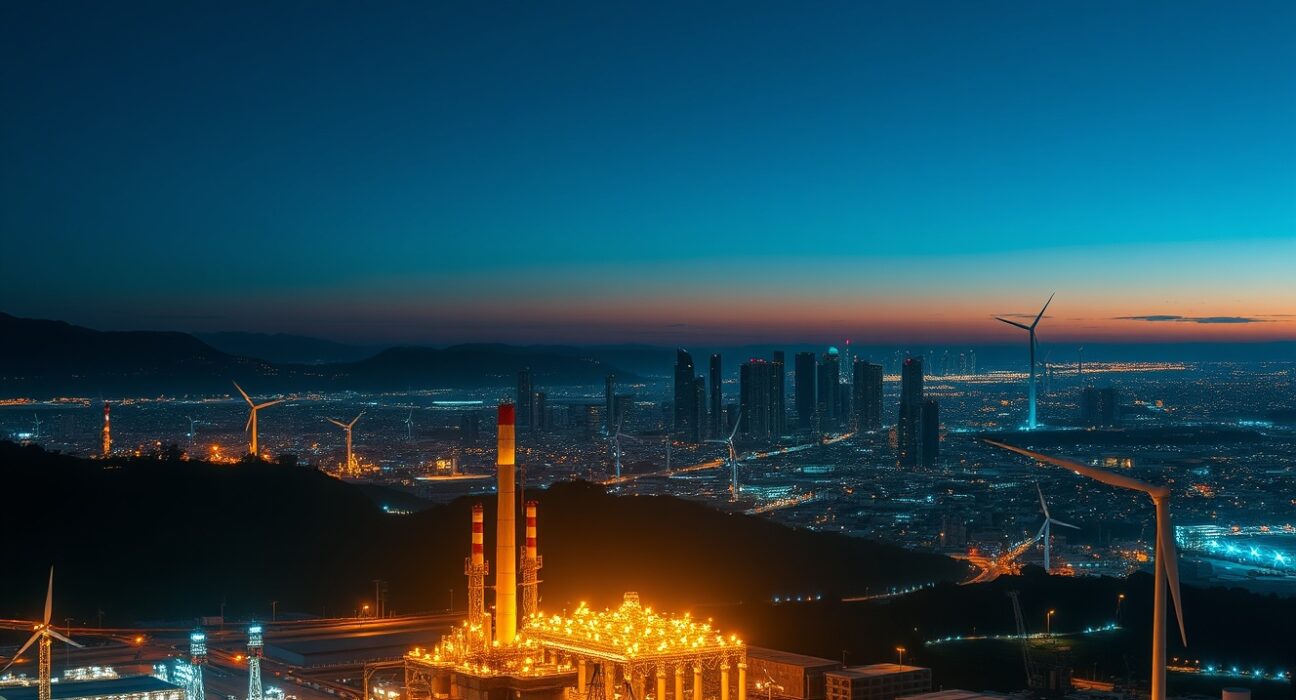 Latin American city skyline with energy infrastructure and digital AI network overlays at dusk