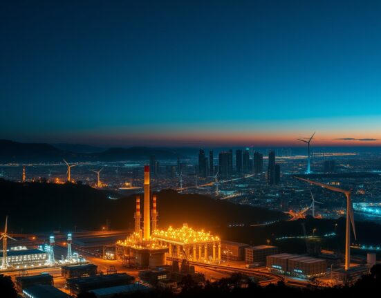 Latin American city skyline with energy infrastructure and digital AI network overlays at dusk