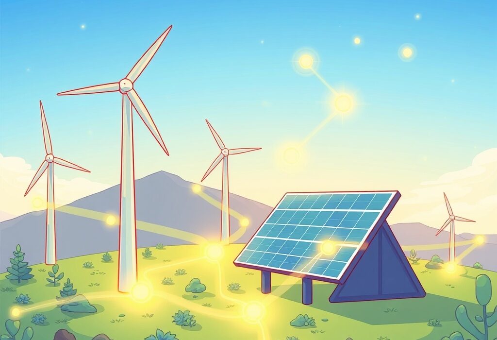 Cartoon showing renewable energy devices transferring energy asset data on-chain to a secure blockchain network, symbolizing digital innovation.