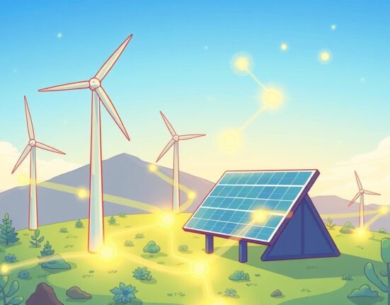 Cartoon showing renewable energy devices transferring energy asset data on-chain to a secure blockchain network, symbolizing digital innovation.