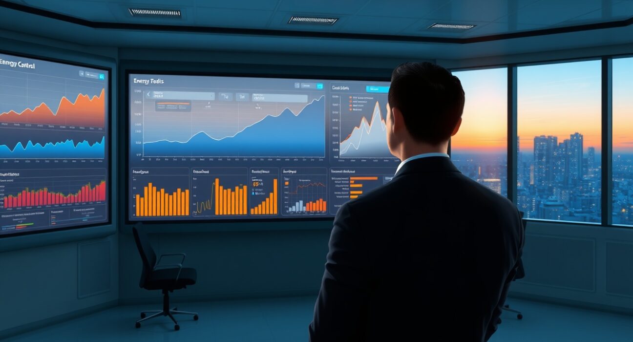 Energy analyst reviewing dashboard data forecasting softer inflation shock for 2025 markets.