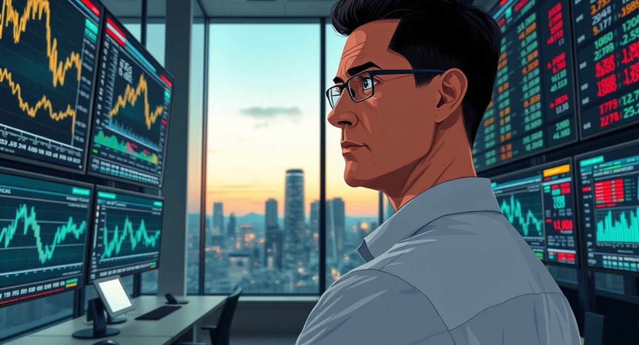 Energy market analyst reviewing data charts on a trading floor, representing ING's price shift analysis.