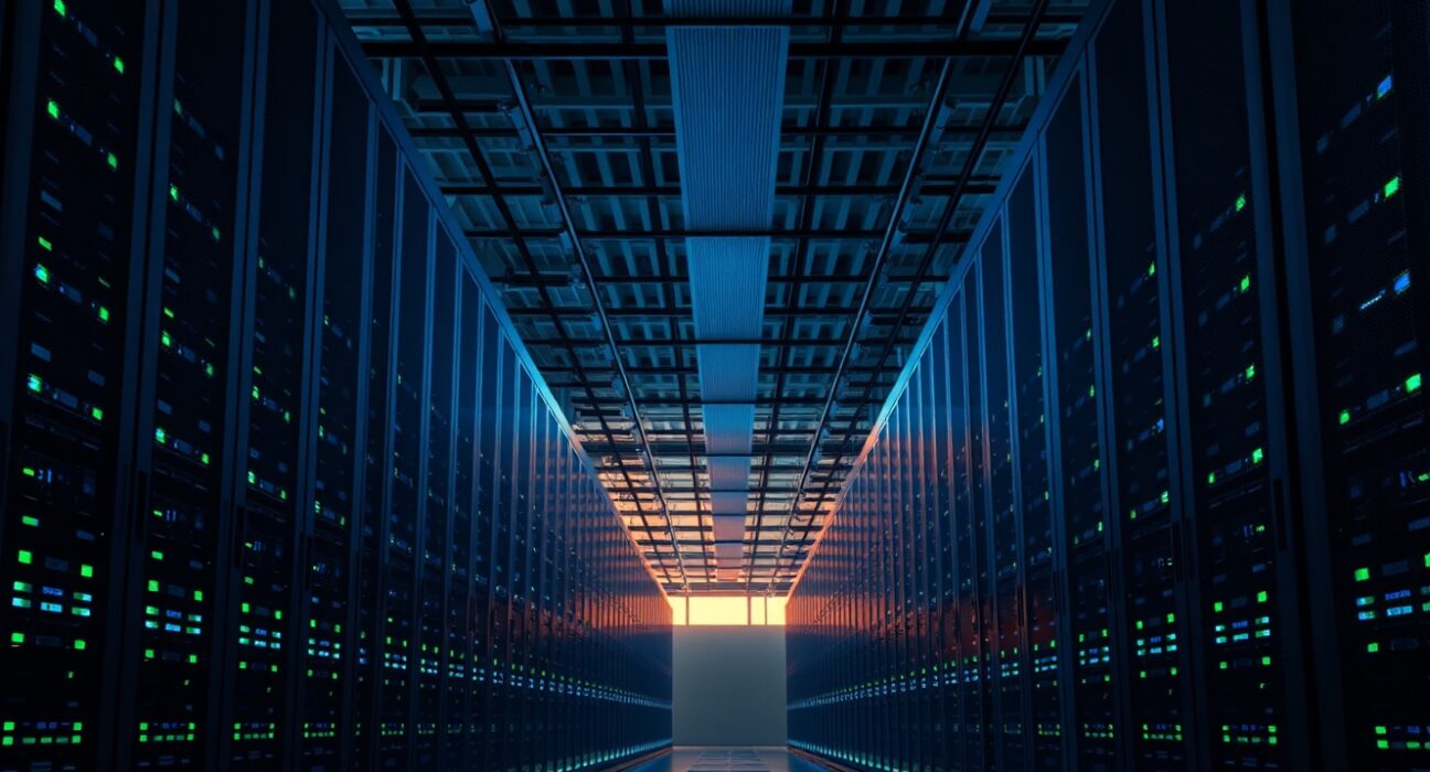 Interior of a large data center with rows of server racks, representing the energy demands of AI infrastructure.