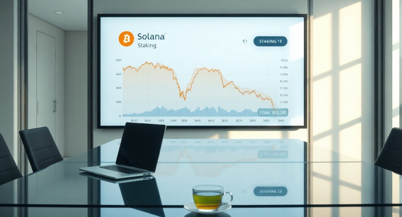 Tokyo office boardroom with digital screen showing Bitcoin price chart and Solana logo