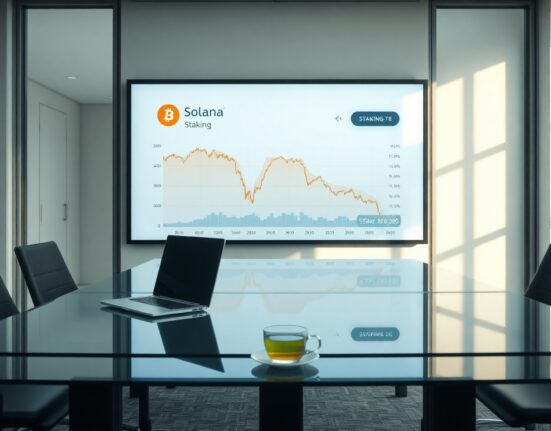 Tokyo office boardroom with digital screen showing Bitcoin price chart and Solana logo