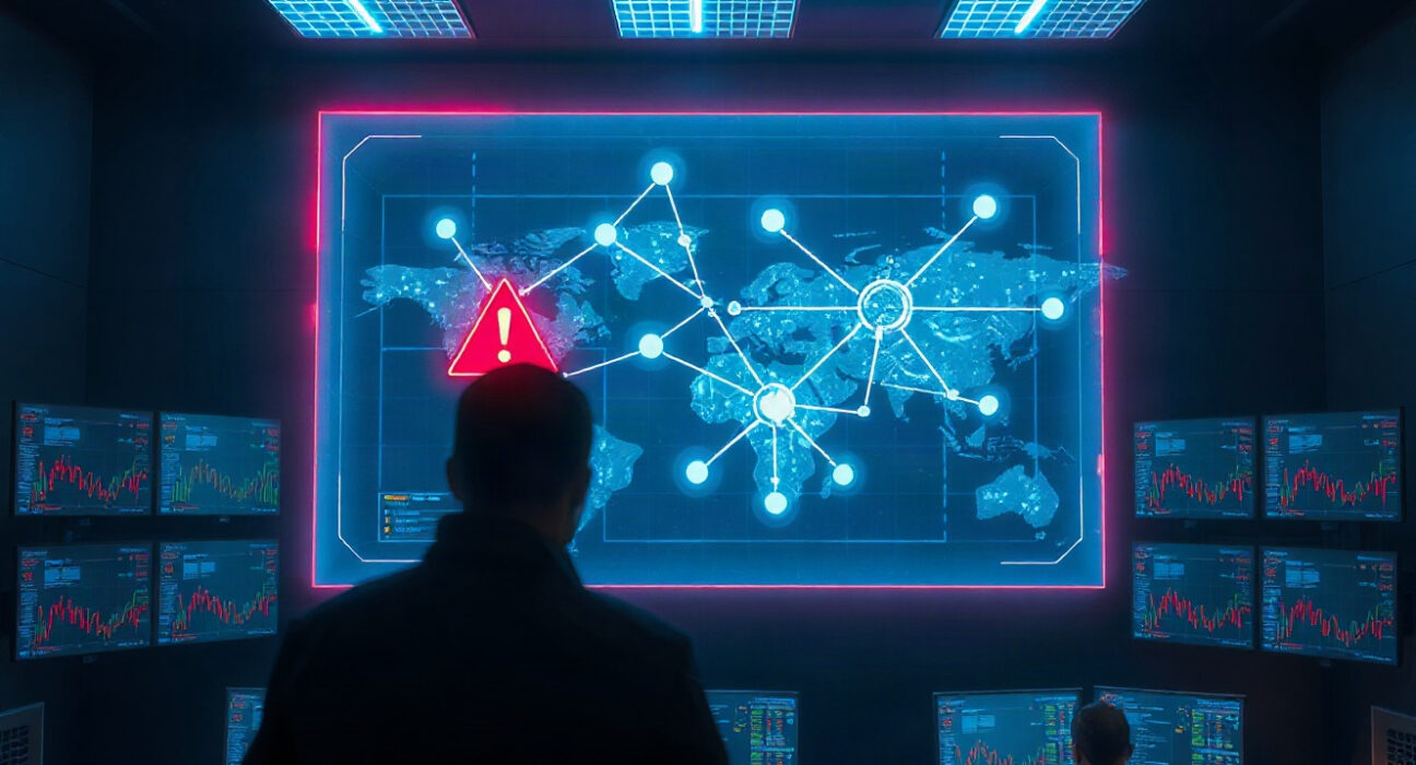 Security analyst monitoring a blockchain network breach on a large screen