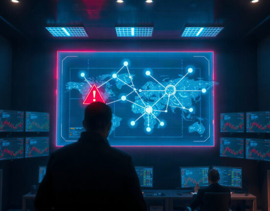 Security analyst monitoring a blockchain network breach on a large screen