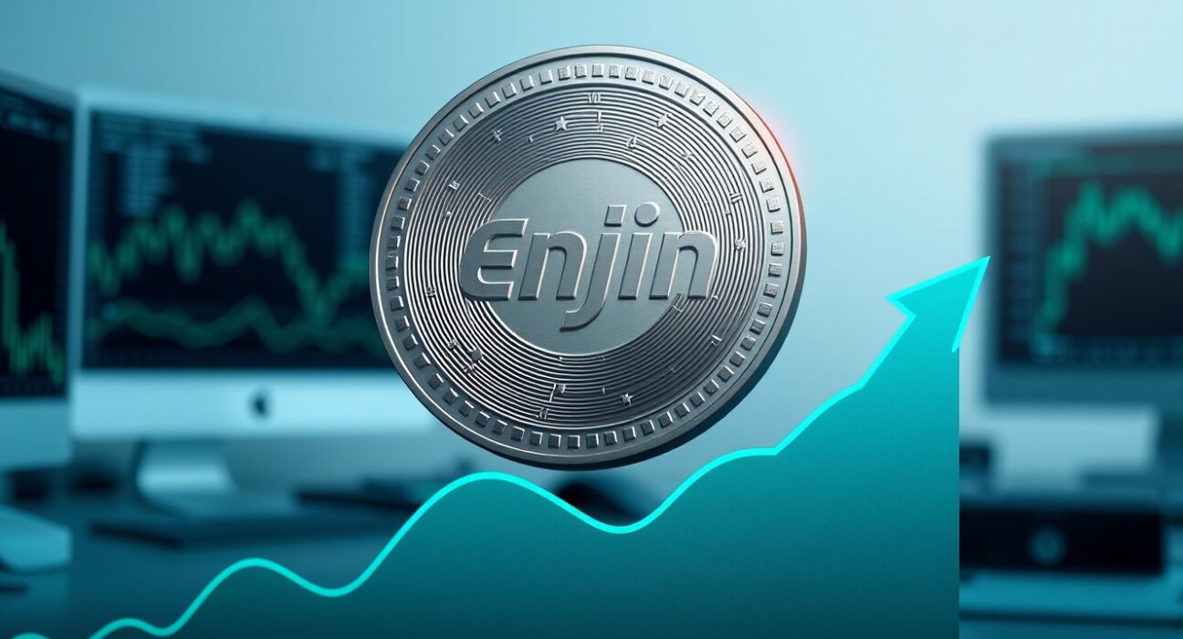 Enjin Coin digital token floating above a financial graph in a modern office setting