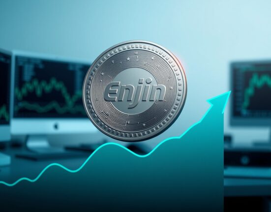 Enjin Coin digital token floating above a financial graph in a modern office setting