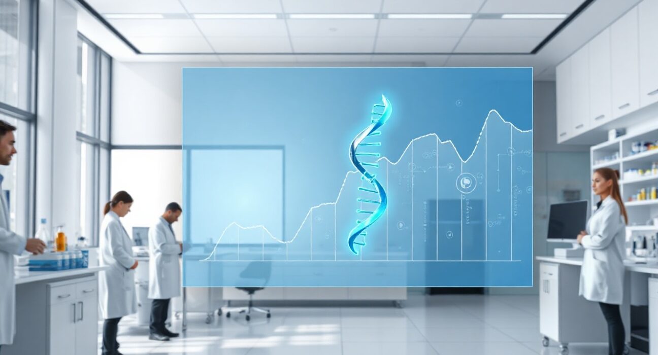 Pharmaceutical laboratory with holographic display showing cryptocurrency and DNA symbols