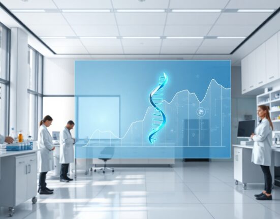 Pharmaceutical laboratory with holographic display showing cryptocurrency and DNA symbols