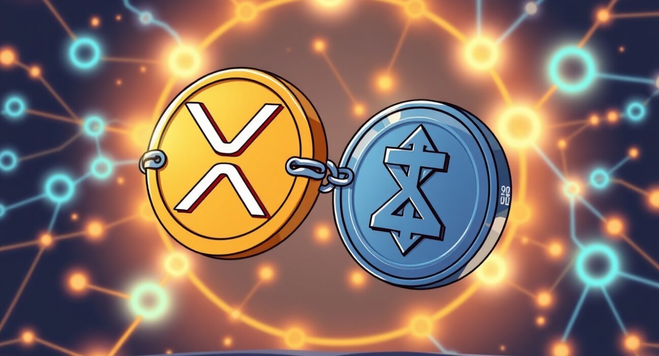 An illustration of the Enosys XRP stablecoin protocol, symbolizing secure digital asset collateralization and DeFi innovation.