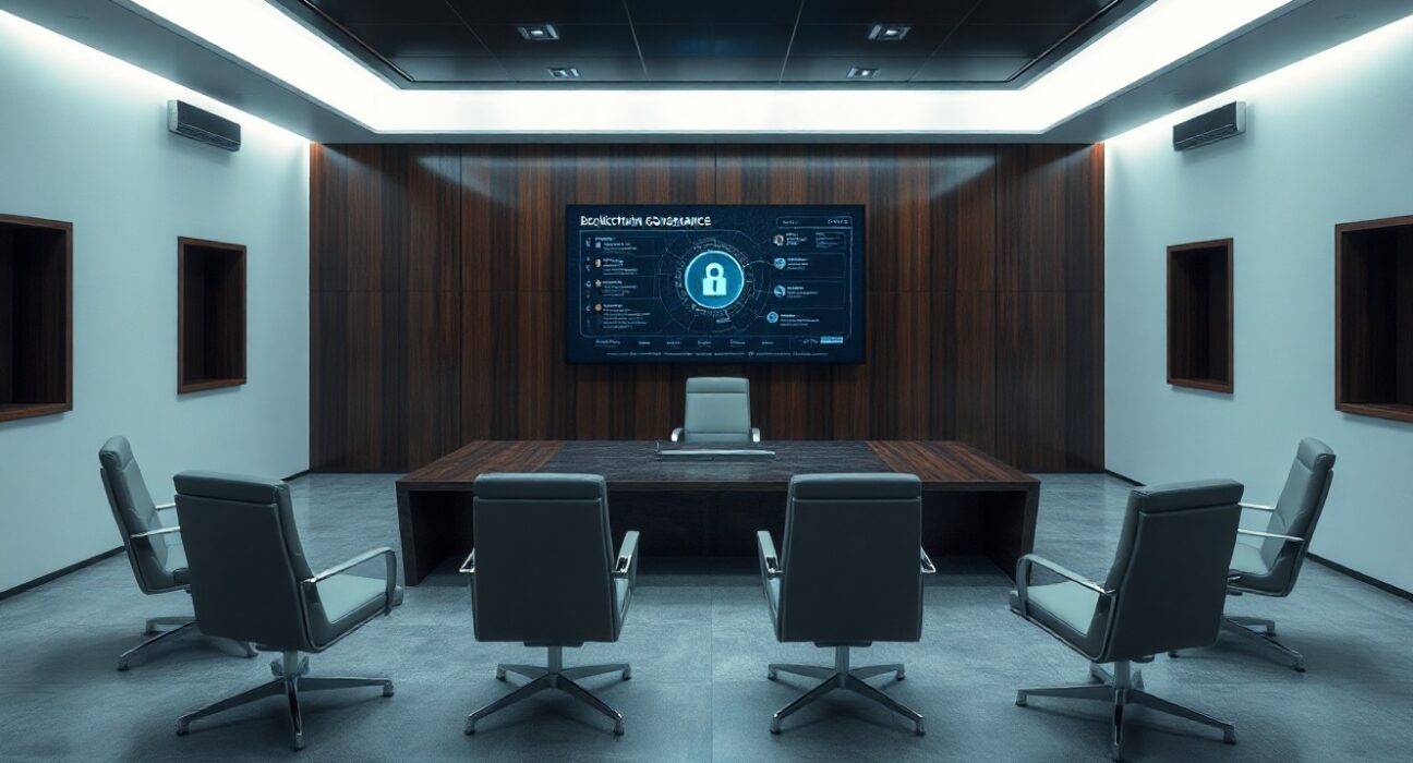 Eight empty chairs in a modern boardroom with a blockchain governance screen, representing the new ENS DAO security council.
