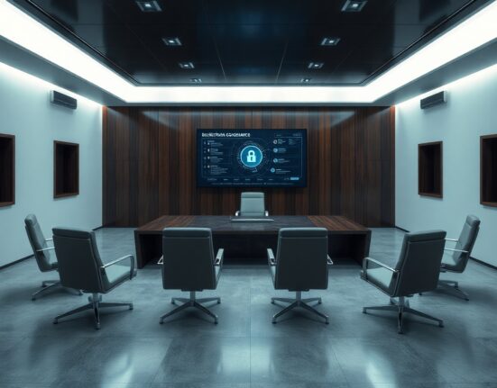 Eight empty chairs in a modern boardroom with a blockchain governance screen, representing the new ENS DAO security council.