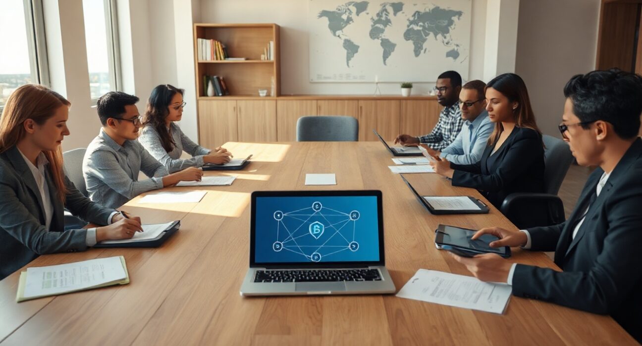 Governance meeting room with professionals discussing blockchain DAO proposal documents