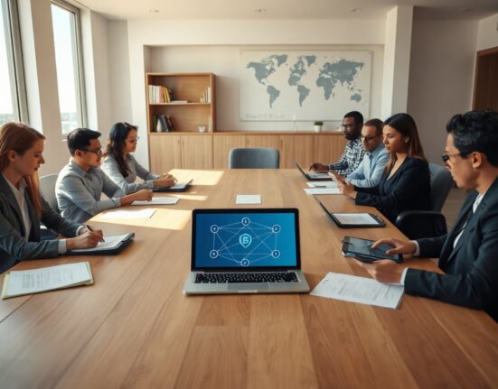 Governance meeting room with professionals discussing blockchain DAO proposal documents