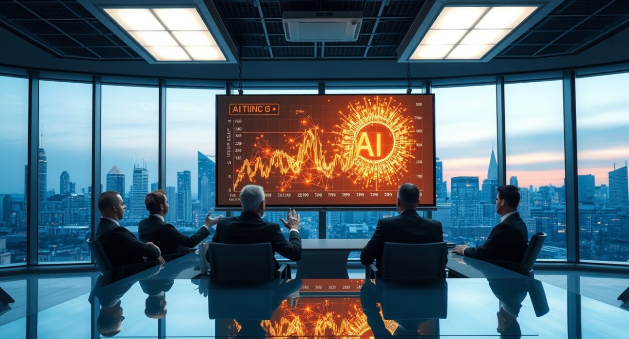 Corporate boardroom with AI network graph on screen during enterprise AI investment discussion
