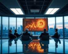 Corporate boardroom with AI network graph on screen during enterprise AI investment discussion