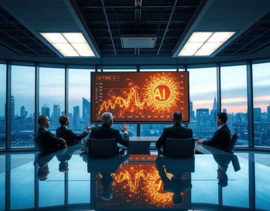 Corporate boardroom with AI network graph on screen during enterprise AI investment discussion