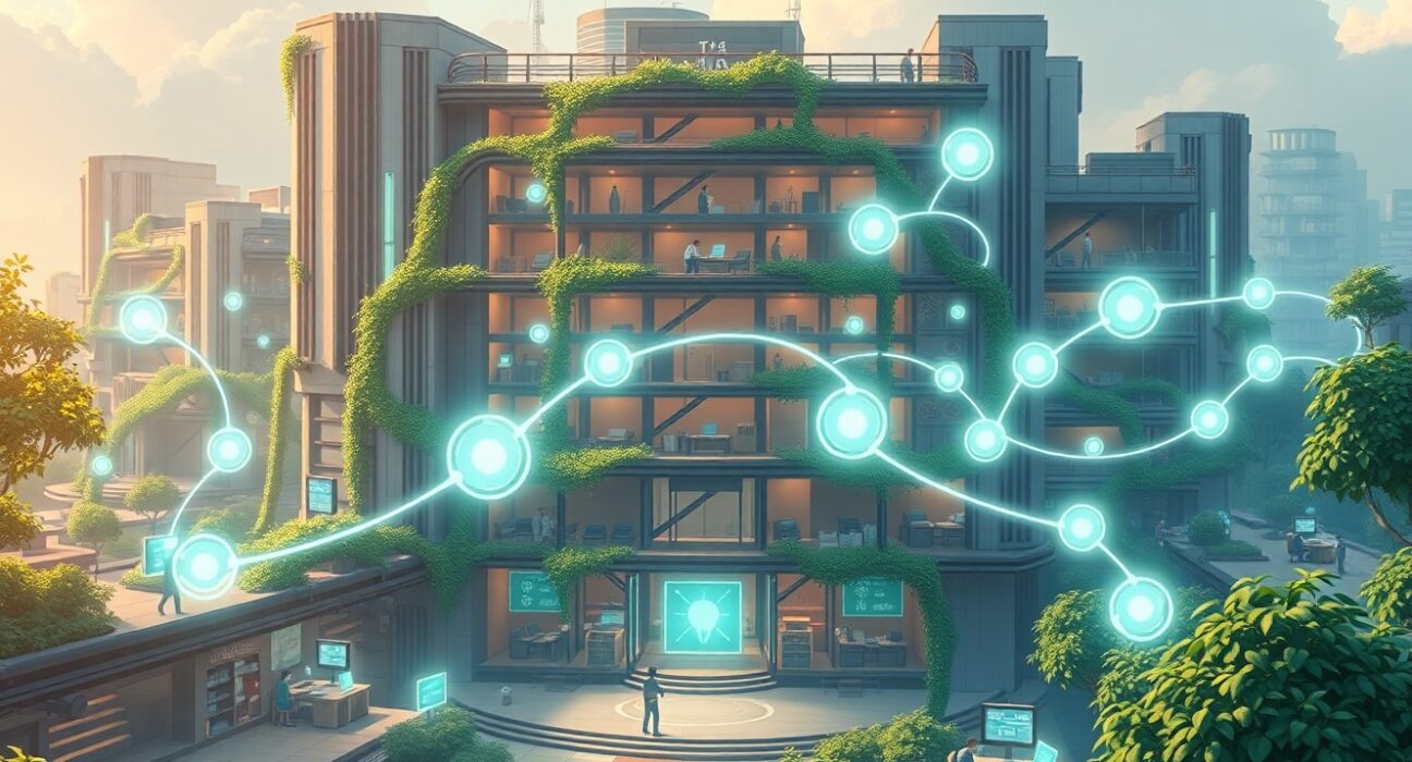 Enterprise AI layer connecting departments in futuristic corporate environment with data streams