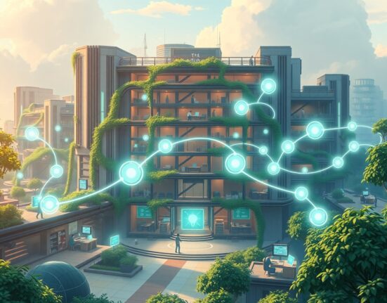 Enterprise AI layer connecting departments in futuristic corporate environment with data streams