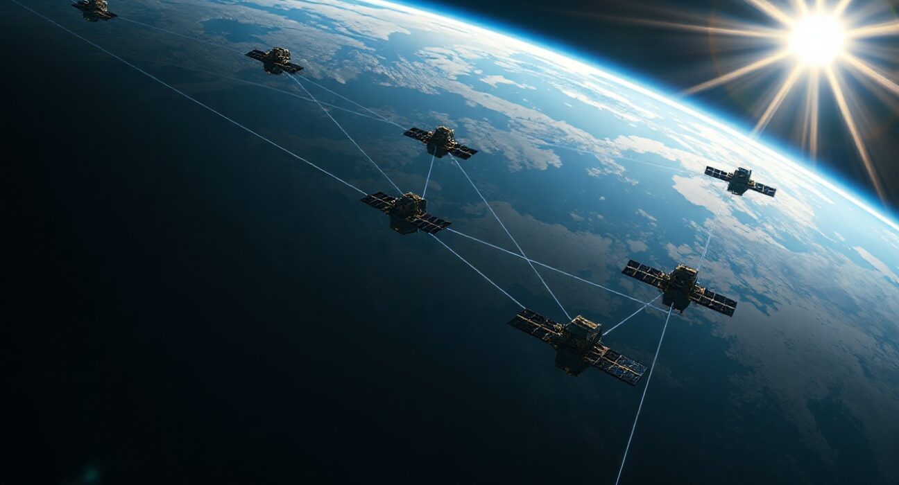 Illustration of satellites using lasers to connect data centers across the globe