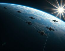 Illustration of satellites using lasers to connect data centers across the globe