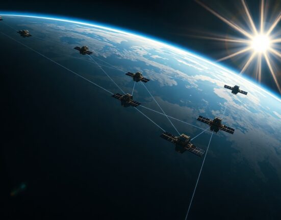 Illustration of satellites using lasers to connect data centers across the globe