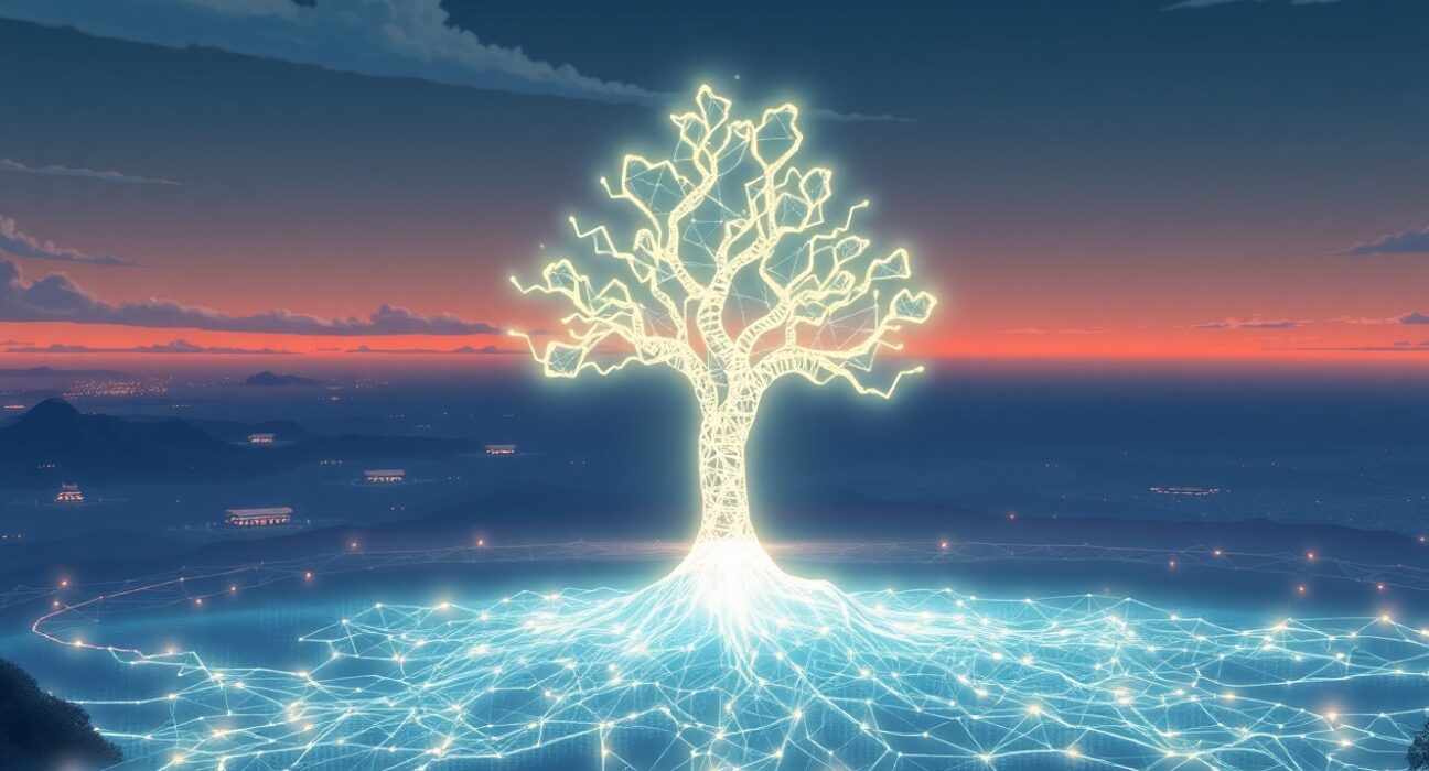 A Ghibli-style illustration symbolizing the EOS blockchain's potential future growth and network activity.