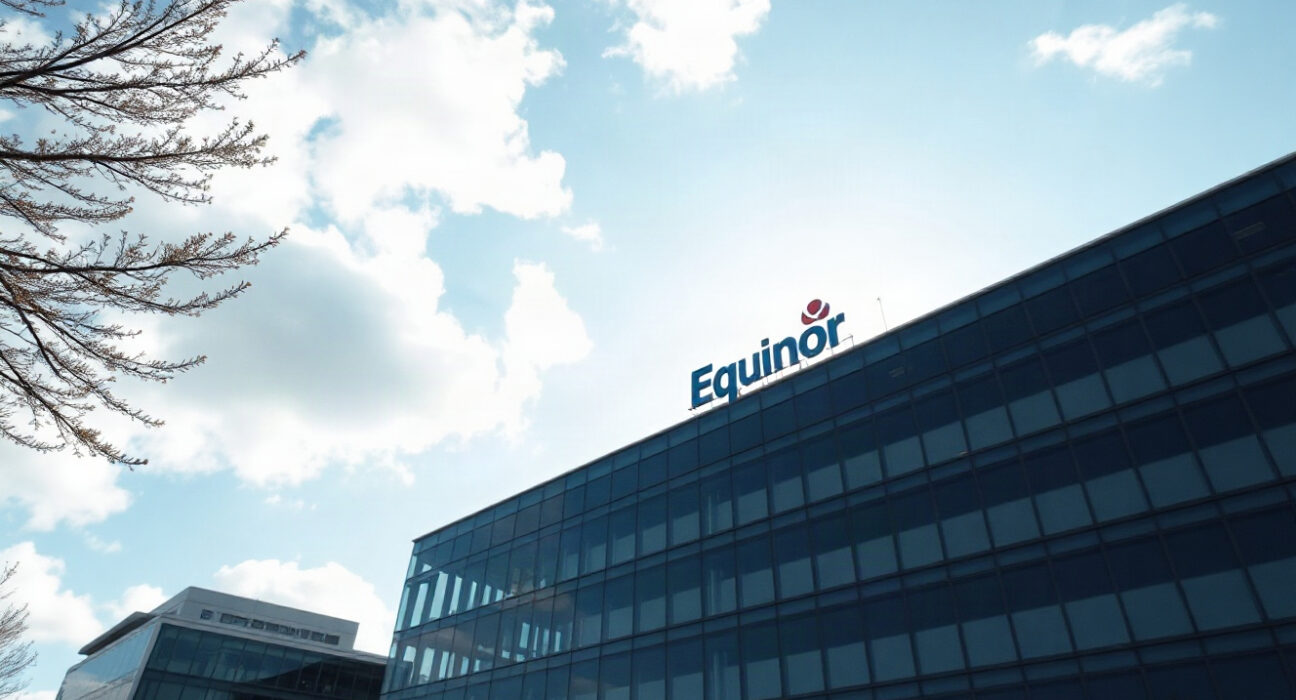 Equinor headquarters building in Stavanger, Norway, under a partly cloudy sky