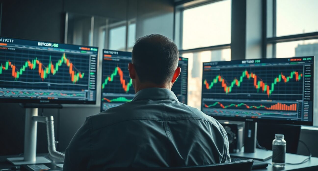 Trader monitoring Bitcoin price charts on multiple screens in a modern office