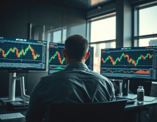 Trader monitoring Bitcoin price charts on multiple screens in a modern office