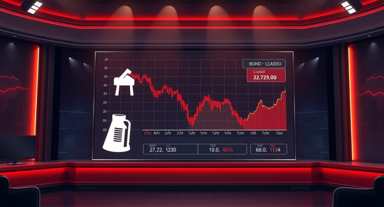 Trading screen showing falling equity chart with bond yield and oil price indicators in a financial news studio