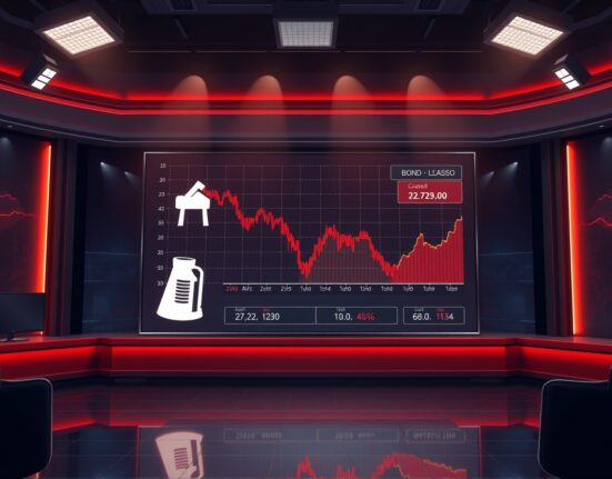 Trading screen showing falling equity chart with bond yield and oil price indicators in a financial news studio