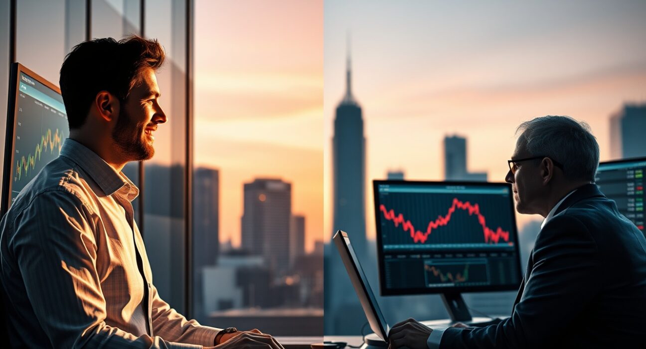 Stock trader and bond investor in split scene reflecting market divergence