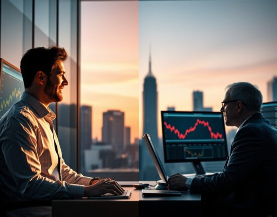 Stock trader and bond investor in split scene reflecting market divergence
