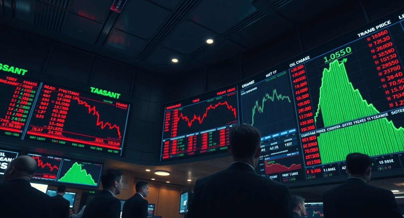 Stock exchange floor with screens showing declining chip stocks and rising oil prices