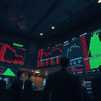 Stock exchange floor with screens showing declining chip stocks and rising oil prices