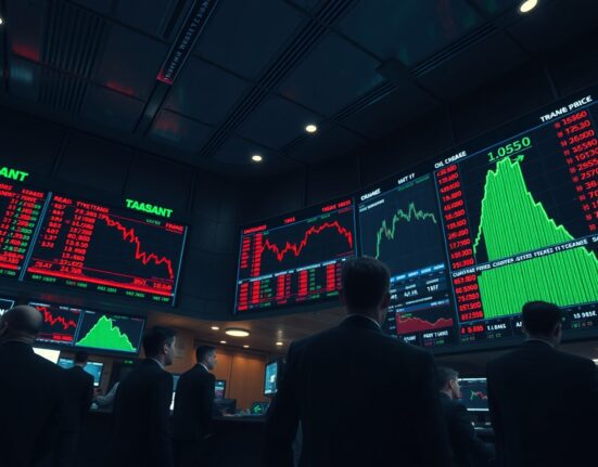 Stock exchange floor with screens showing declining chip stocks and rising oil prices