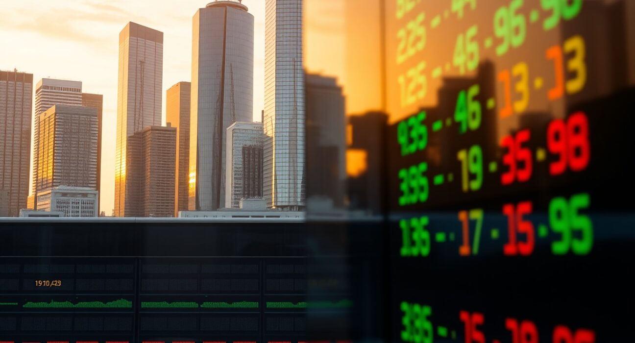 City skyline at dawn with stock market board displaying financial data, representing equity market analysis.