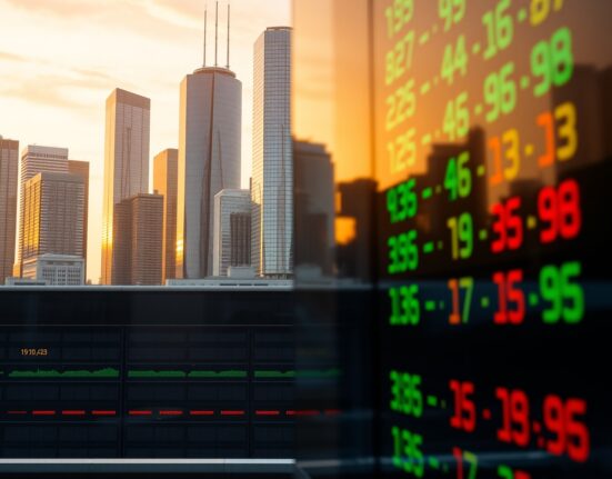 City skyline at dawn with stock market board displaying financial data, representing equity market analysis.