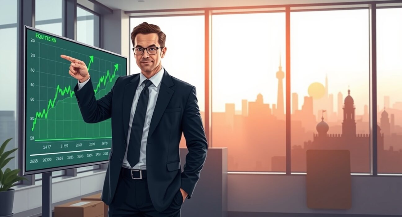 Financial analyst reviewing strong equities earnings chart on screen, with subtle Middle East skyline in background representing geopolitical risks