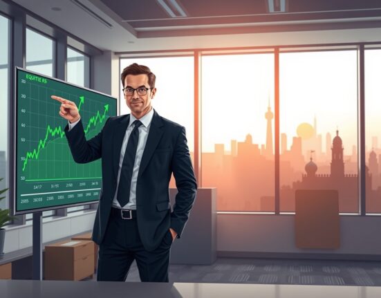 Financial analyst reviewing strong equities earnings chart on screen, with subtle Middle East skyline in background representing geopolitical risks